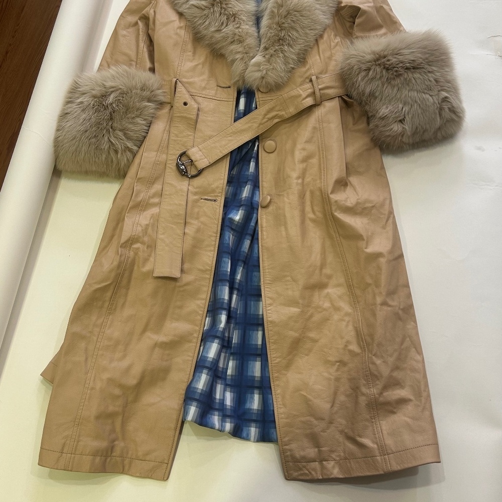 Saks Potts long leather cream colored fox fur lined coat